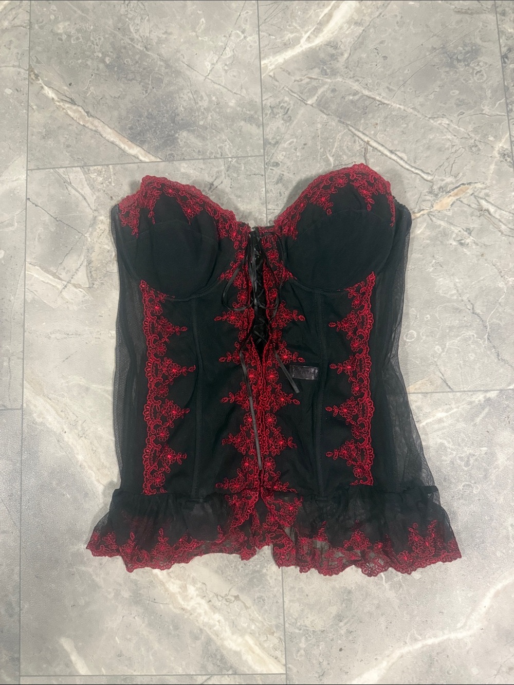La Vie En Rose Black Bustier with Red Lace Trim
